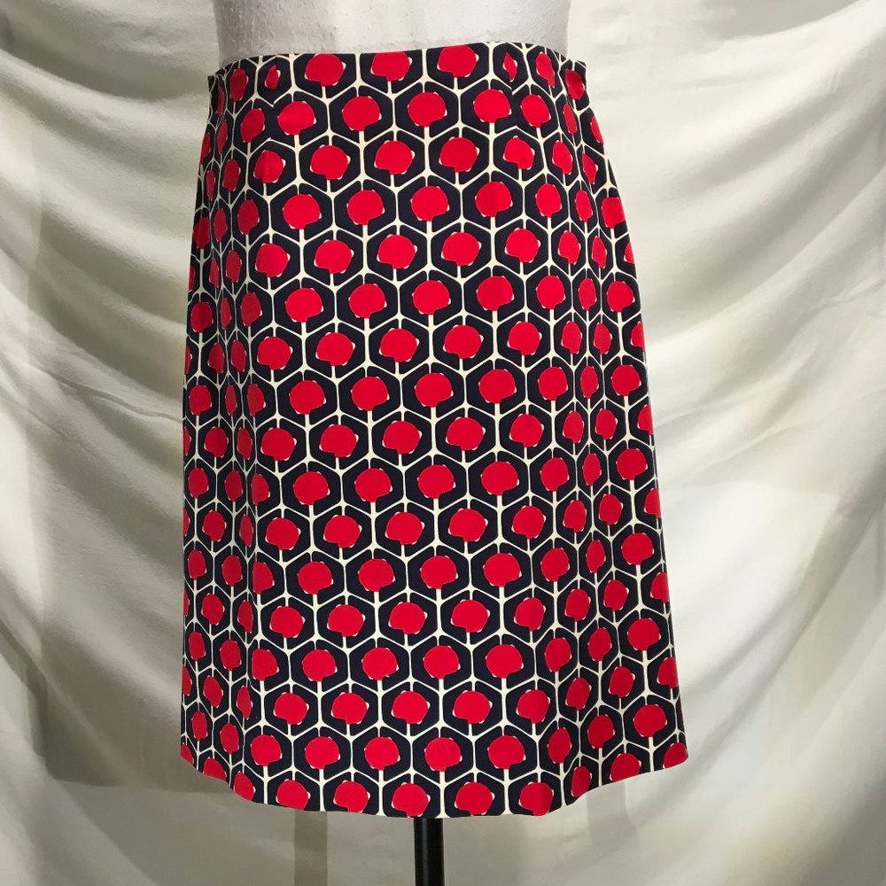 Doncaster navy, red and cream print skirt sz 2